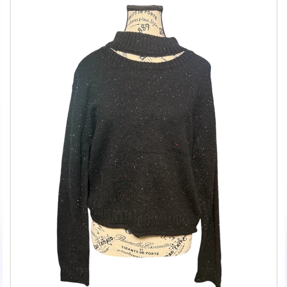 Monrow Black Speckled Cutout Mock Neck Sweater